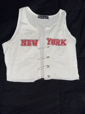 SHEIN White Cropped Tank with Red NEW YORK Text and Safety Pin Detail
